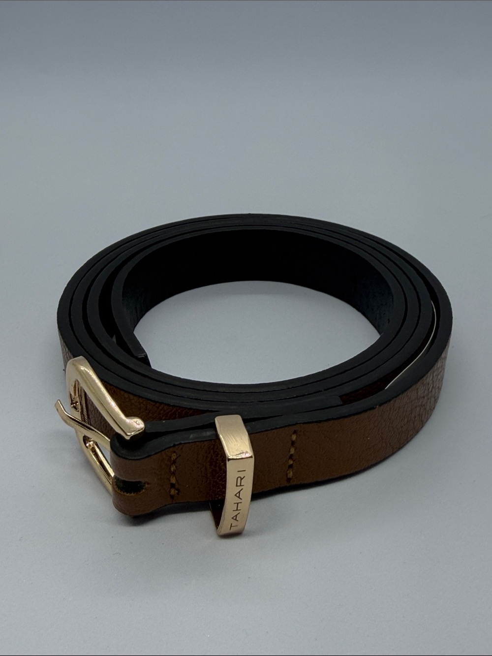 Tahari Men's Brown Leather Belt with Gold-Tone Hardware